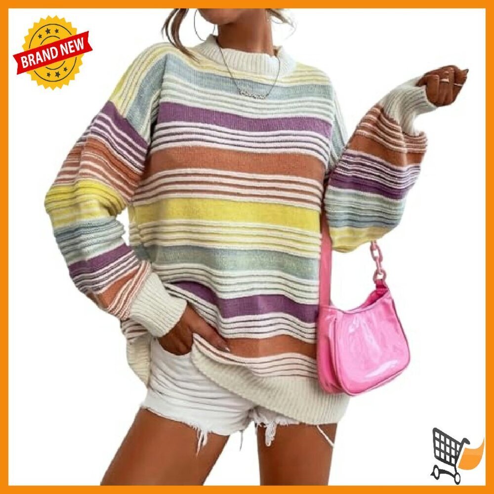 Oversized Striped Pullover Sweater Women's Knit Jumper Fall Winter - Picture 2 of 8